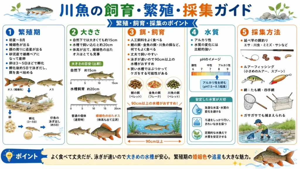 川魚の繁殖期・大きさ・餌・水質・採集方法を5項目でまとめた図解。初夏から8月に繁殖し、婚姻色や追星が出て、卵は3〜5日で孵化、さらに約5日で泳ぎ始めます。大きさは15〜20cmほどで、人工飼料をよく食べる丈夫な魚ですが、泳ぎが速いため90cm以上の水槽が推奨されています。水質はアルカリ性寄りで、採集は延べ竿、ルアー、網、ガサガサで可能です。