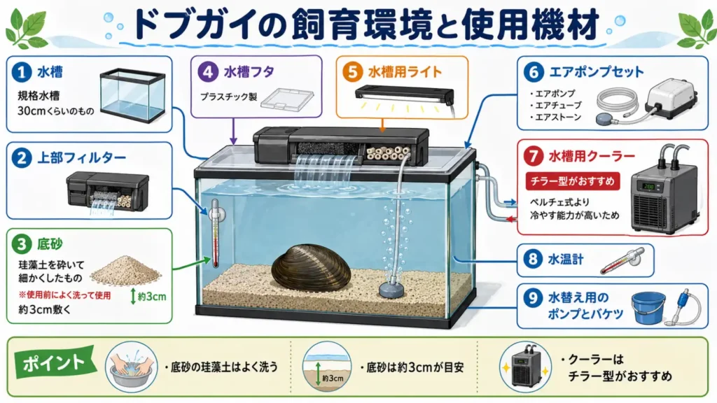 30cm規格水槽を使ったドブガイの飼育環境と必要機材をまとめた図解。上部フィルター、約3cm敷いた珪藻土の底砂、プラスチック製の水槽蓋、水槽用ライト、エアポンプ、チラー式クーラー、水温計、水替え用のポンプとバケツを配置しています。底砂は使用前によく洗い、クーラーは冷却能力の高いチラー型を推奨しています。