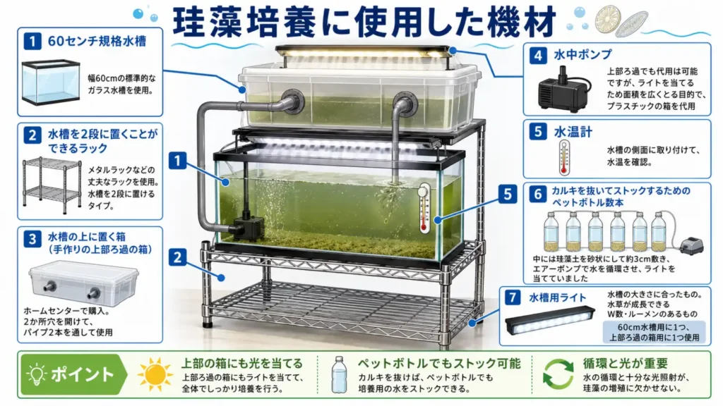 珪藻培養に使用した機材をまとめた図解。60cm規格水槽を2段ラックに設置し、上部には穴を開けてパイプを通した手作りのろ過箱を配置しています。水中ポンプ、水温計、カルキ抜き用のペットボトル、珪藻土、エアーポンプ、水槽用ライトを使用し、水を循環させながら十分な光を当てて培養する構成です。